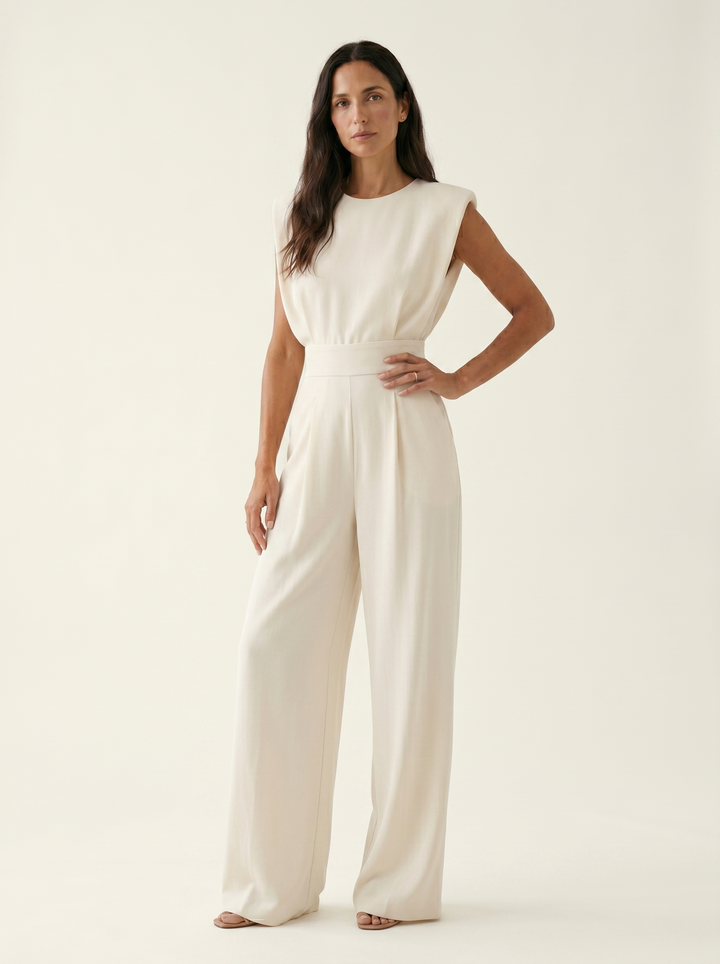 Neraya - Padded-Shoulder Stretch Weave Jumpsuit