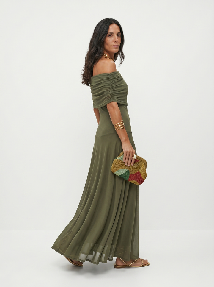 Virela - Off-Shoulder Wrap Technical Microfiber Maxi Dress