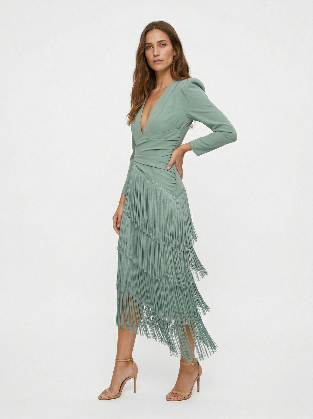Nalira - Diagonal Fringe Stretch Knit Dress