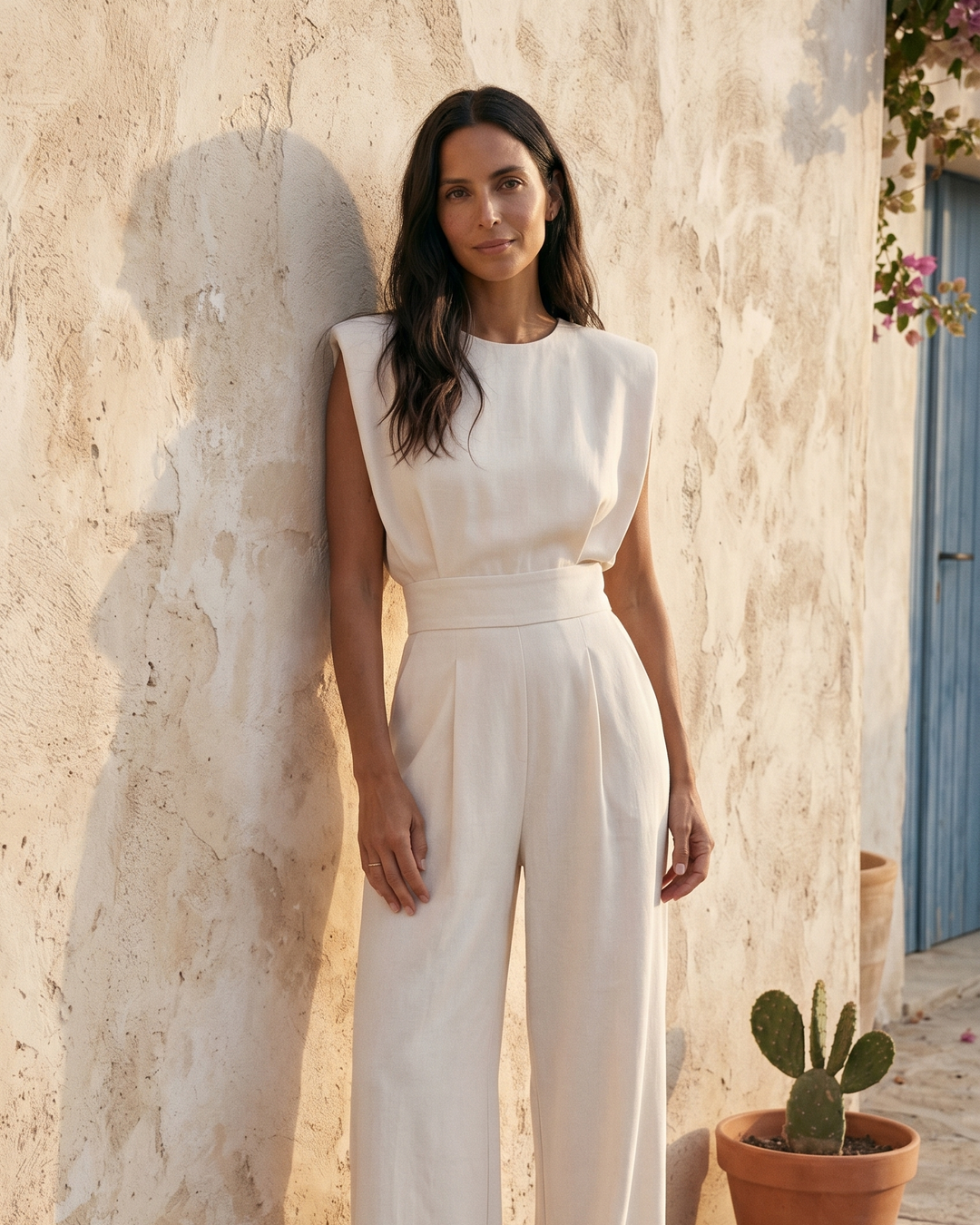 Neraya - Padded-Shoulder Stretch Weave Jumpsuit