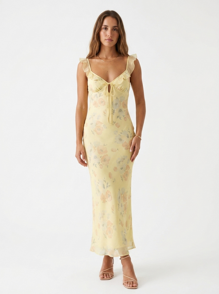 Relana - Ruffled V-Neck Floral Print Dress