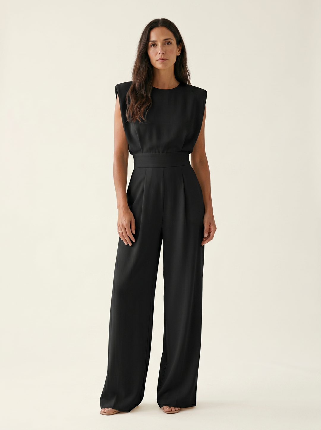 Neraya - Padded-Shoulder Stretch Weave Jumpsuit
