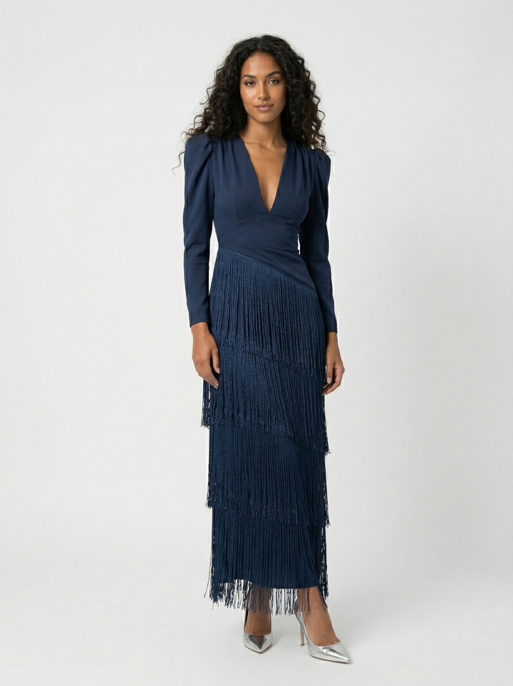 Nalira - Diagonal Fringe Stretch Knit Dress