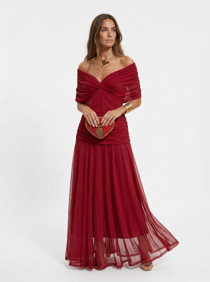 Neraya - Draped V-Neck Satin-Finish Long Dress