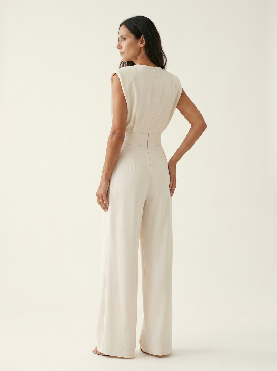 Neraya - Padded-Shoulder Stretch Weave Jumpsuit