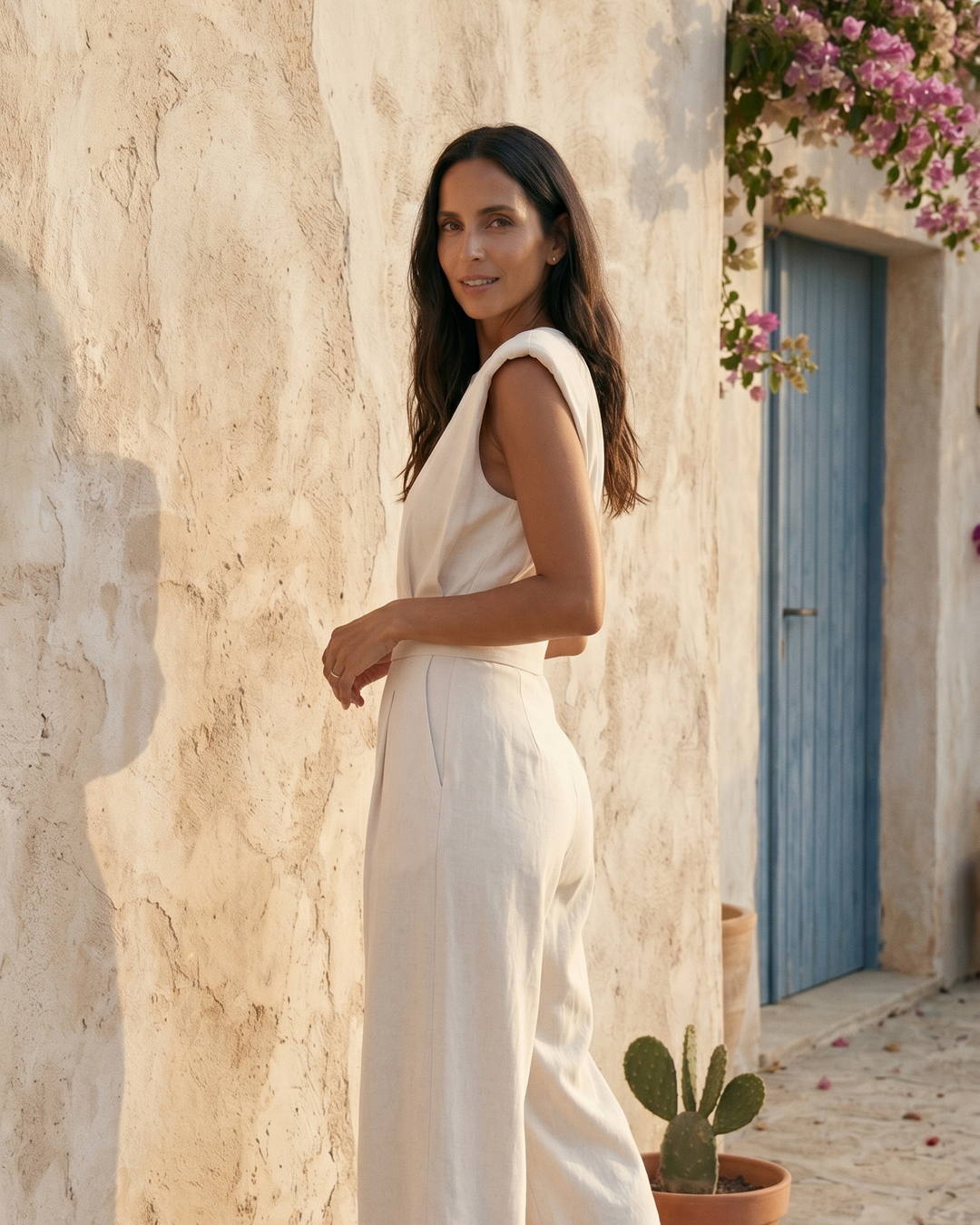 Neraya - Padded-Shoulder Stretch Weave Jumpsuit