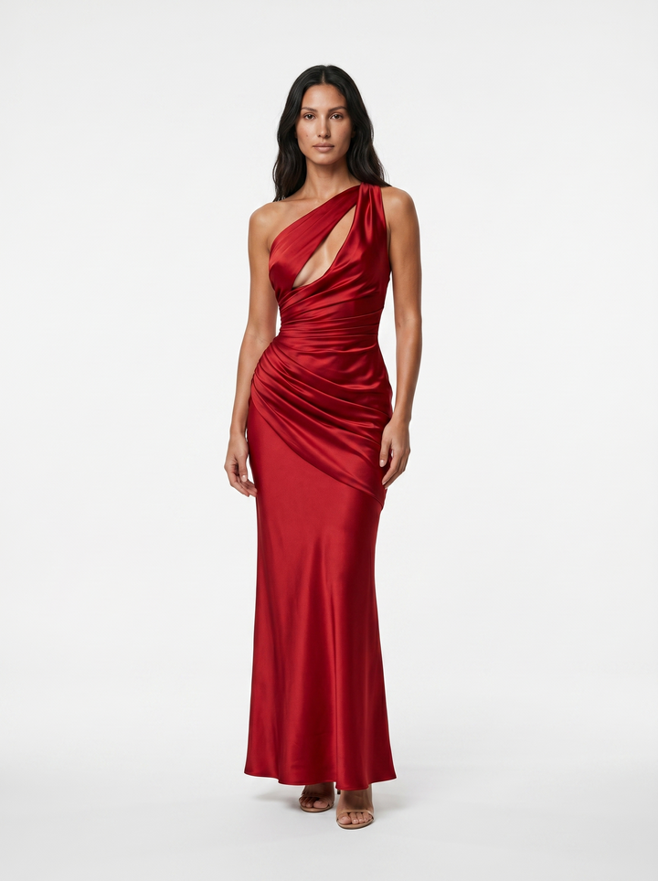 Vesira - Asymmetric Neckline Satin Dress