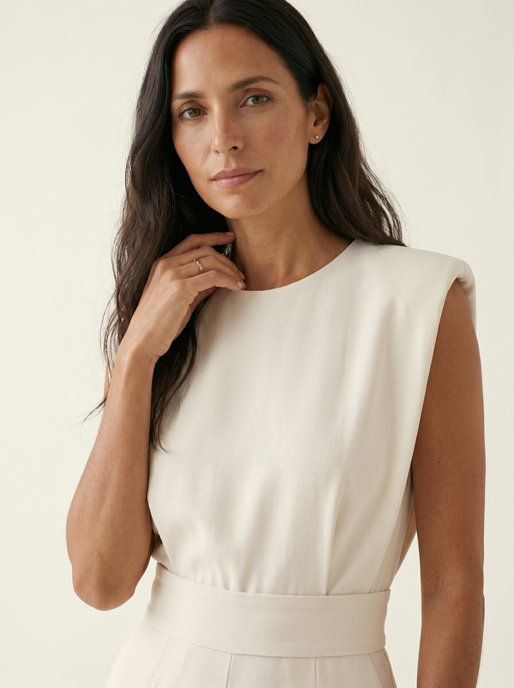 Neraya - Padded-Shoulder Stretch Weave Jumpsuit