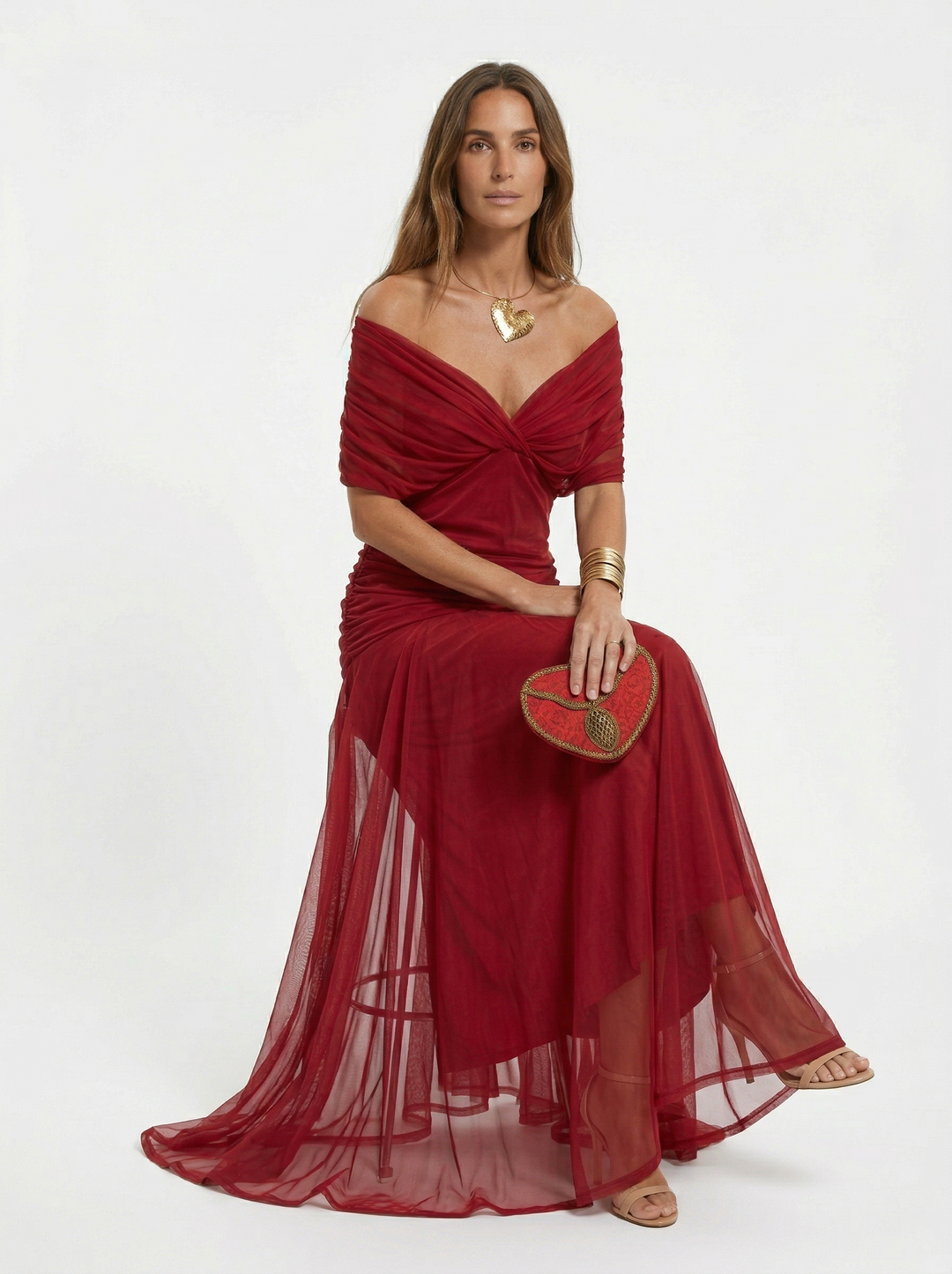 Neraya - Draped V-Neck Satin-Finish Long Dress