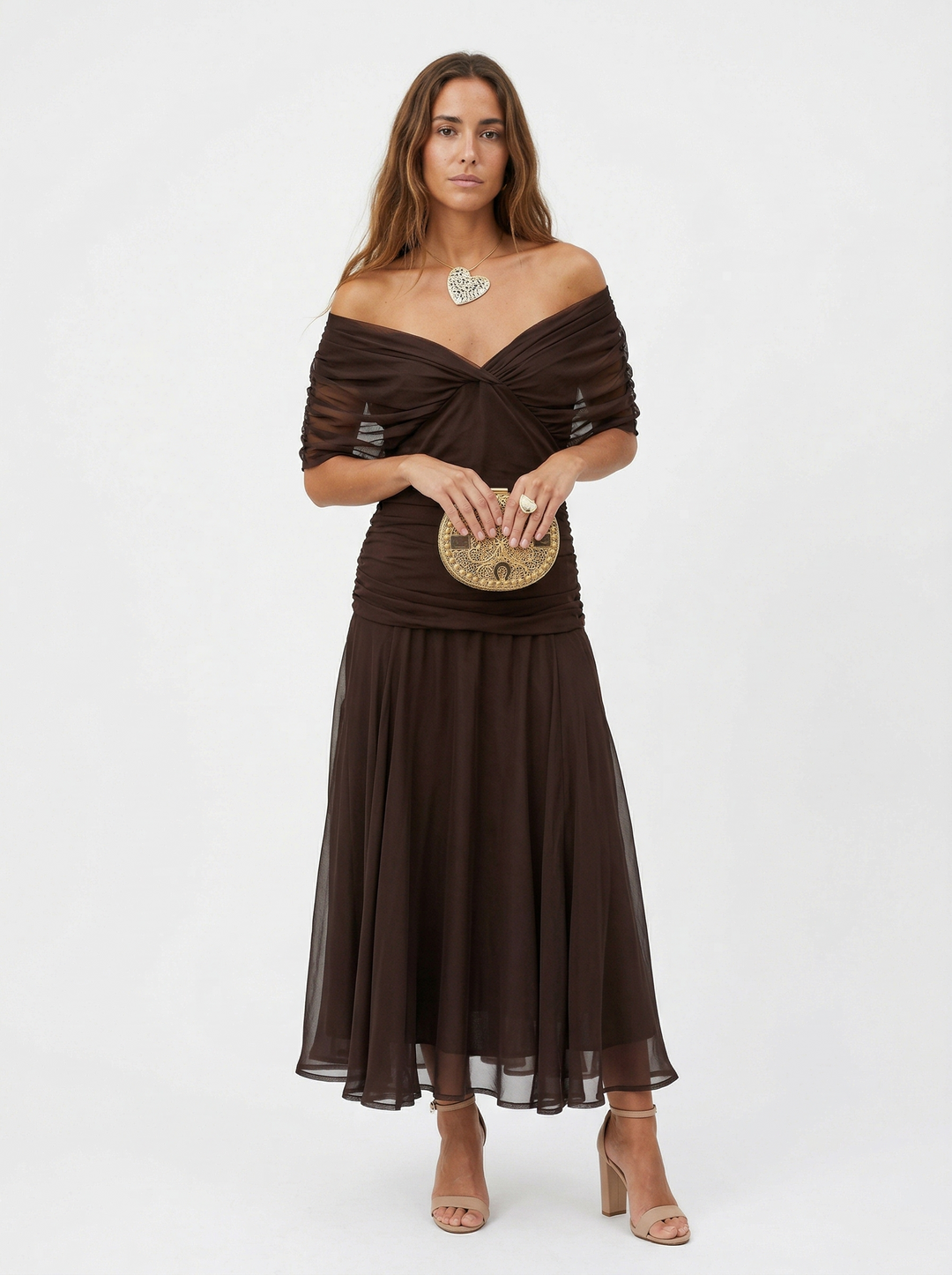 Neraya - Draped V-Neck Satin-Finish Long Dress