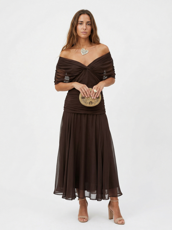 Neraya - Draped V-Neck Satin-Finish Long Dress