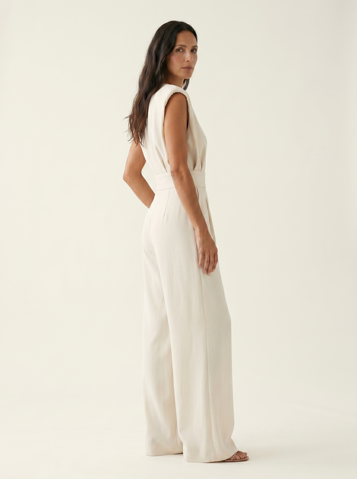 Neraya - Padded-Shoulder Stretch Weave Jumpsuit
