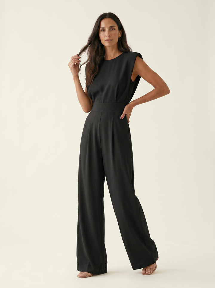 Neraya - Padded-Shoulder Stretch Weave Jumpsuit