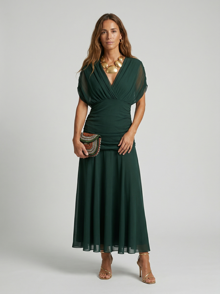 Neraya - Draped V-Neck Satin-Finish Long Dress