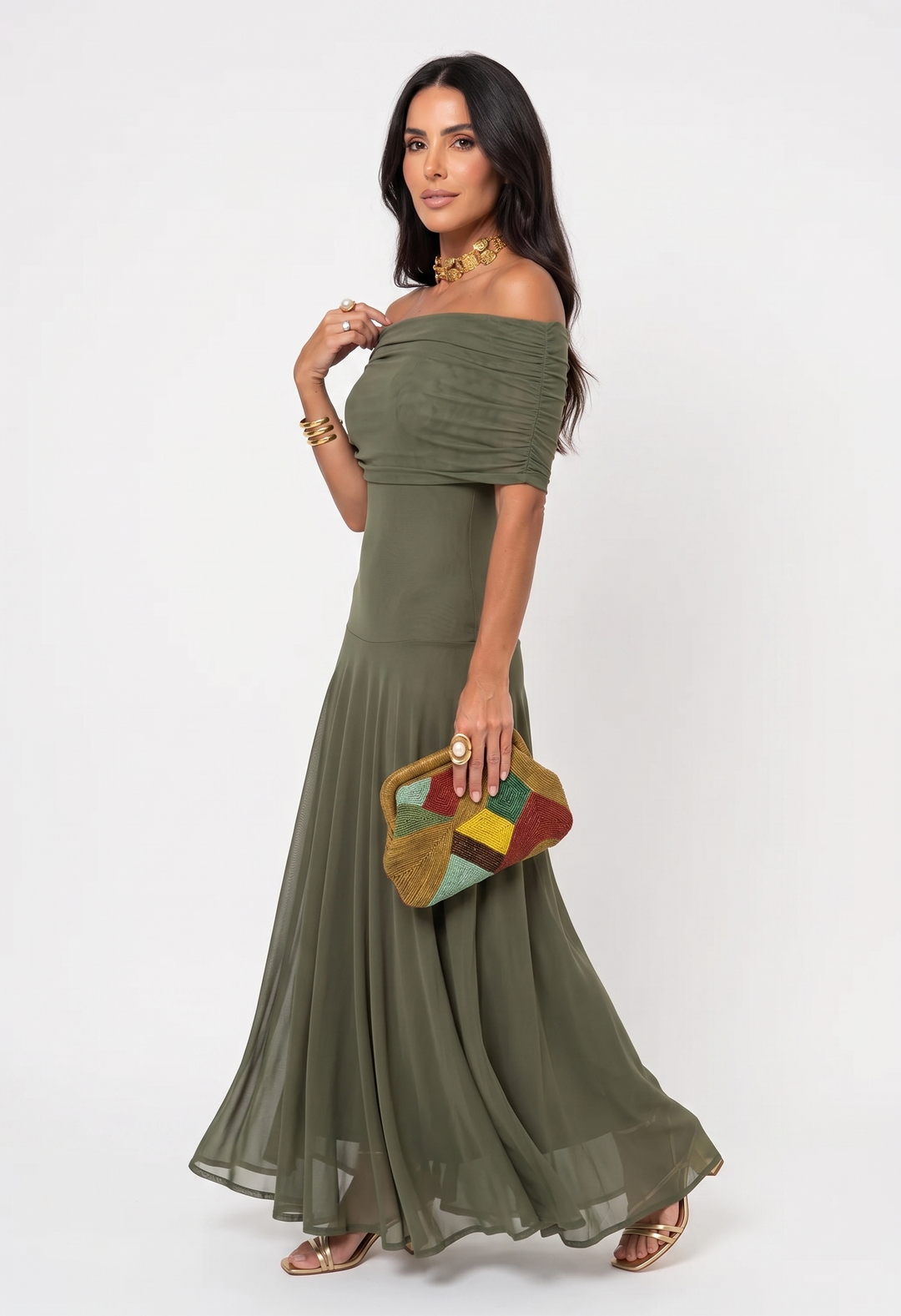 Virela - Off-Shoulder Wrap Technical Microfiber Maxi Dress