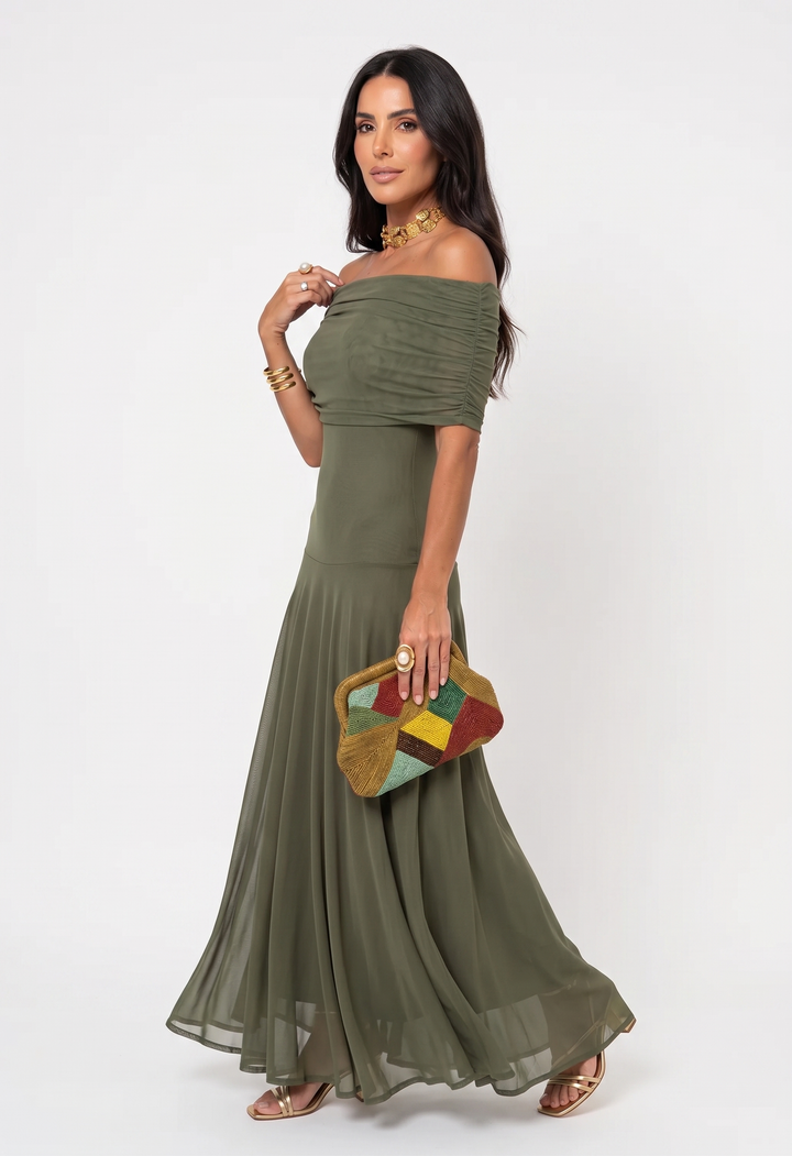 Virela - Off-Shoulder Wrap Technical Microfiber Maxi Dress