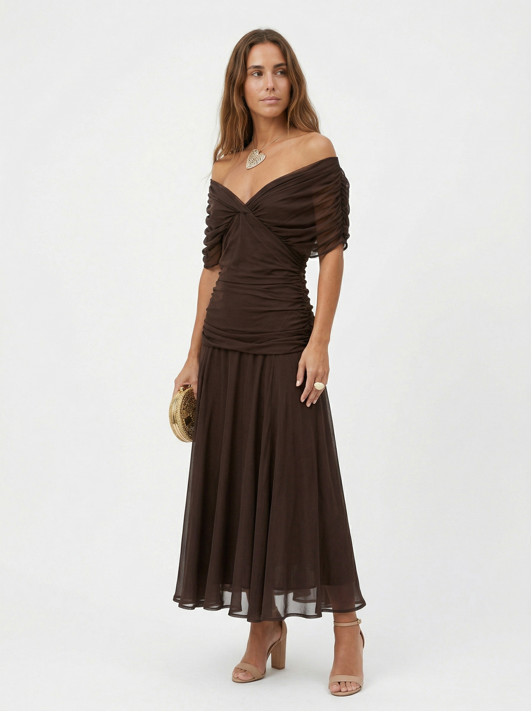 Neraya - Draped V-Neck Satin-Finish Long Dress