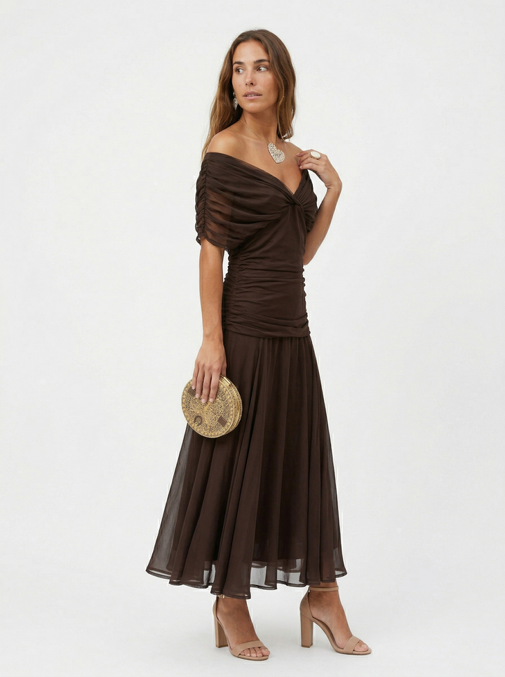 Neraya - Draped V-Neck Satin-Finish Long Dress