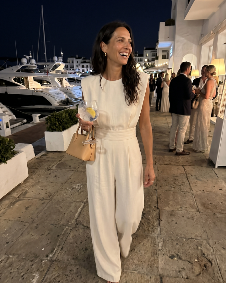 Neraya - Padded-Shoulder Stretch Weave Jumpsuit