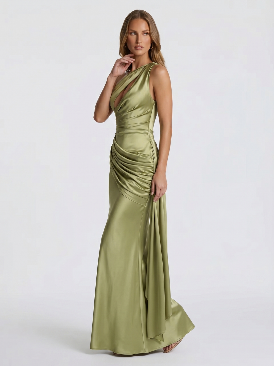 Vesira - Asymmetric Neckline Satin Dress