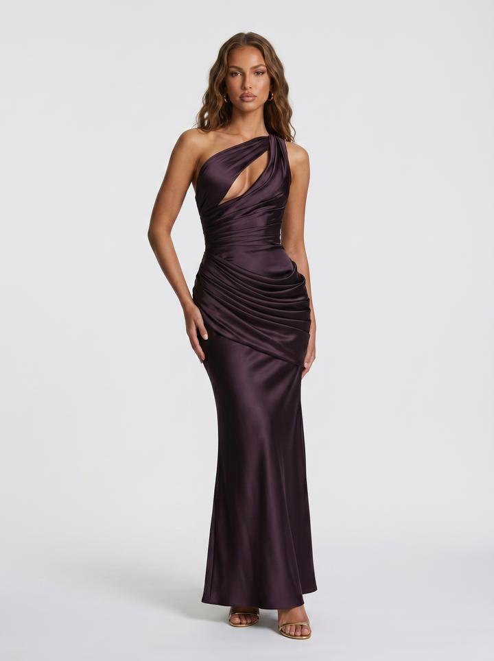 Vesira - Asymmetric Neckline Satin Dress