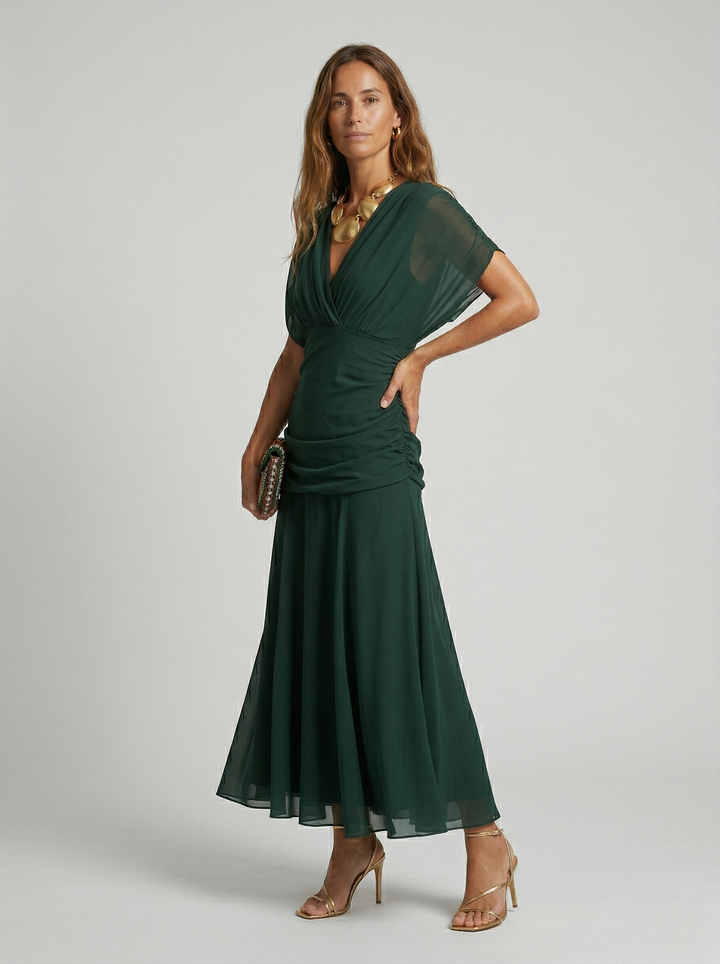 Neraya - Draped V-Neck Satin-Finish Long Dress