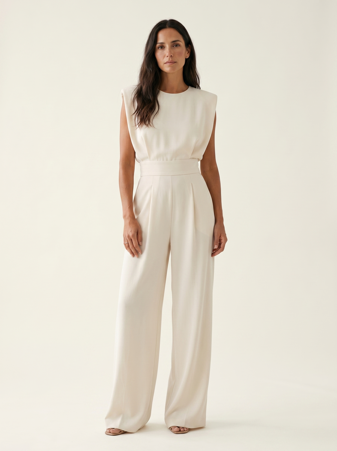 Neraya - Padded-Shoulder Stretch Weave Jumpsuit