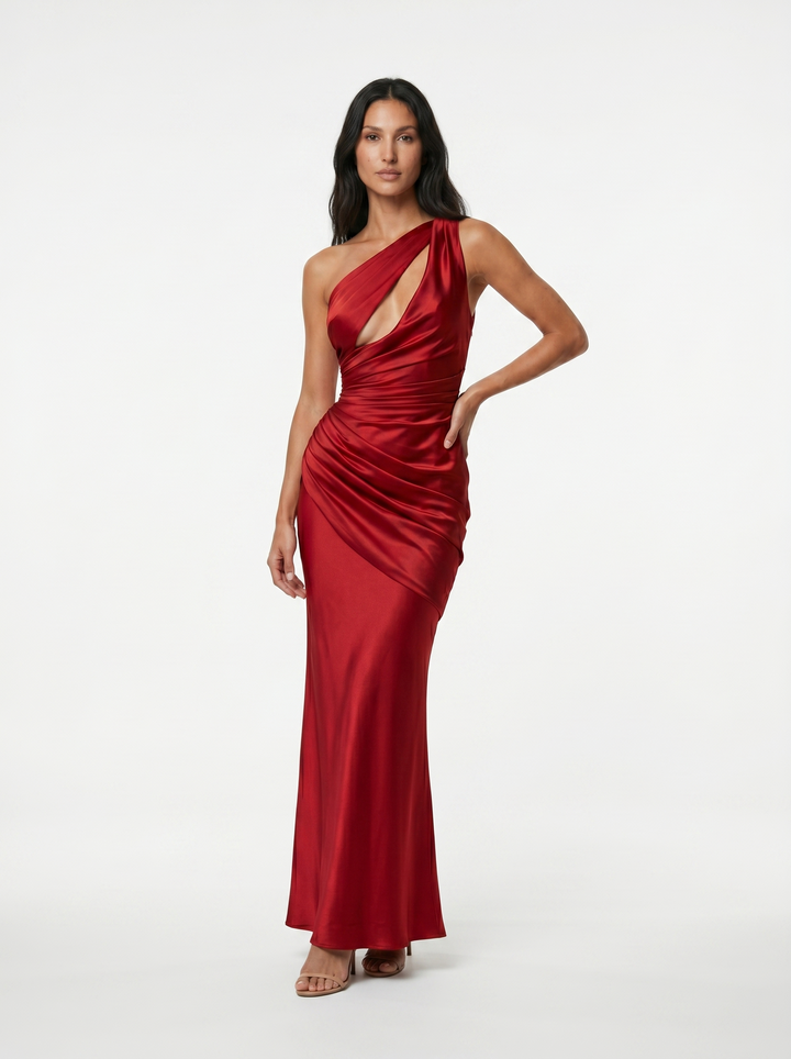 Vesira - Asymmetric Neckline Satin Dress