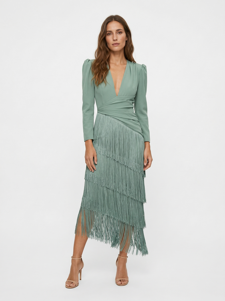 Nalira - Diagonal Fringe Stretch Knit Dress