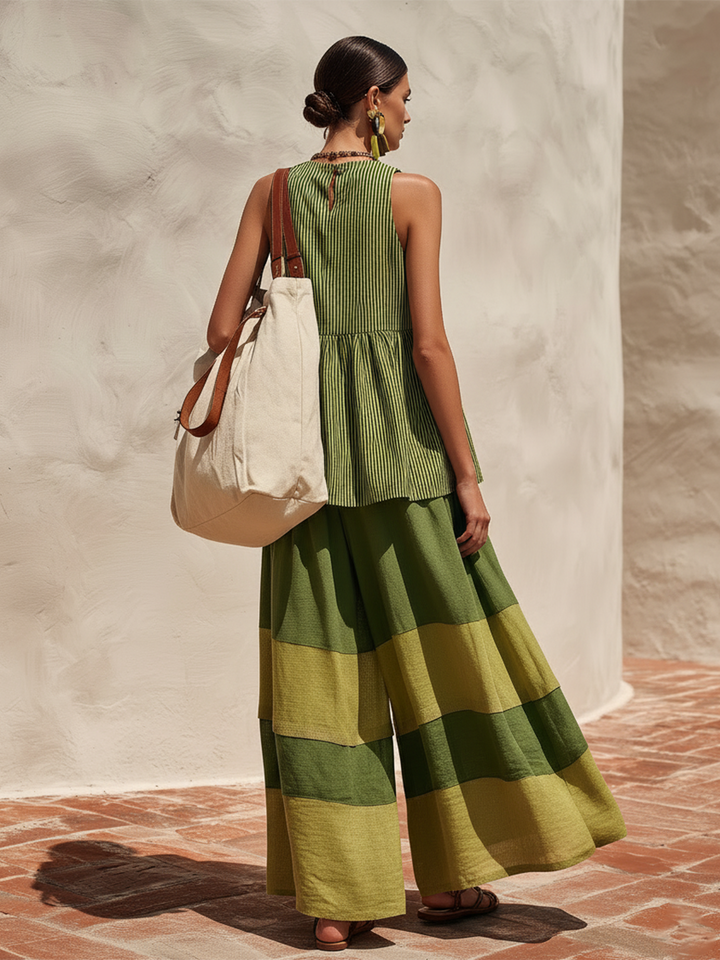 Navira - Color-Blocked Cotton-Linen Wide-Leg Pants Set