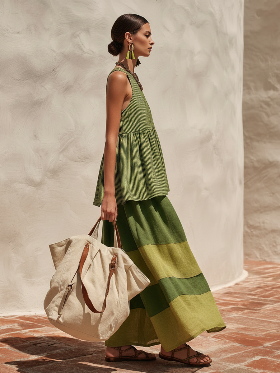 Navira - Color-Blocked Cotton-Linen Wide-Leg Pants Set
