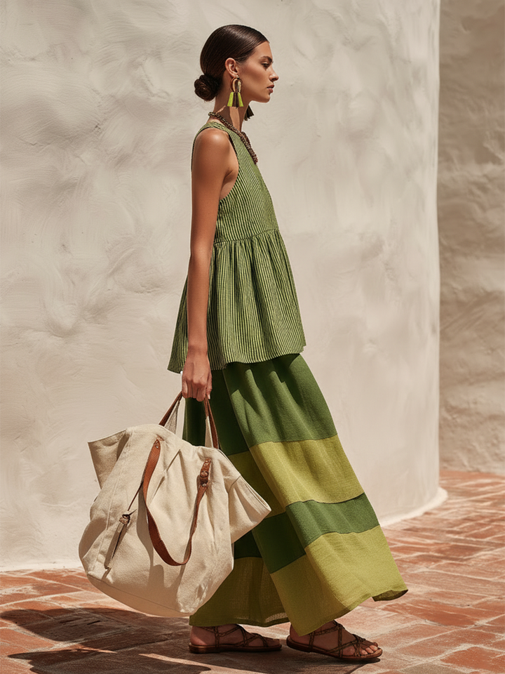 Navira - Color-Blocked Cotton-Linen Wide-Leg Pants Set