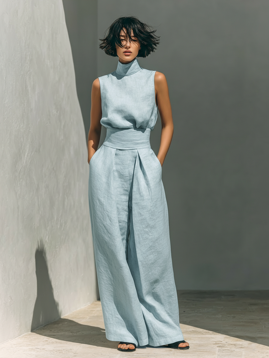 Kevara - Wide-Leg Cotton-Linen Trouser Set