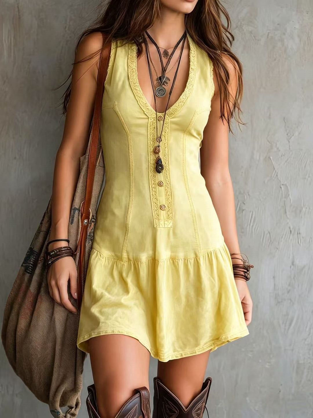 Avenna - Button-Front Washed Denim Mini Dress