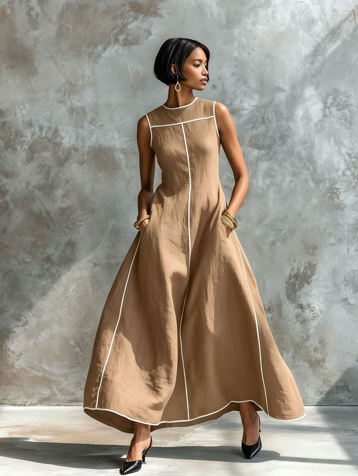 Veyla - Contrast Piping Linen-Blend Maxi Dress