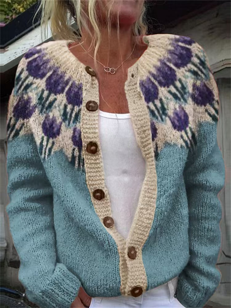 Velori - Floral Print Knit Cardigan