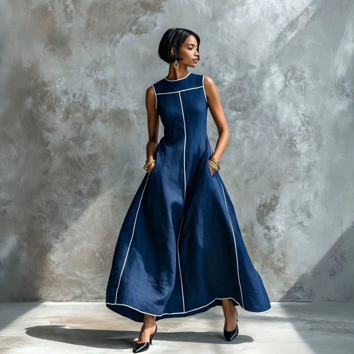 Veyla - Contrast Piping Linen-Blend Maxi Dress