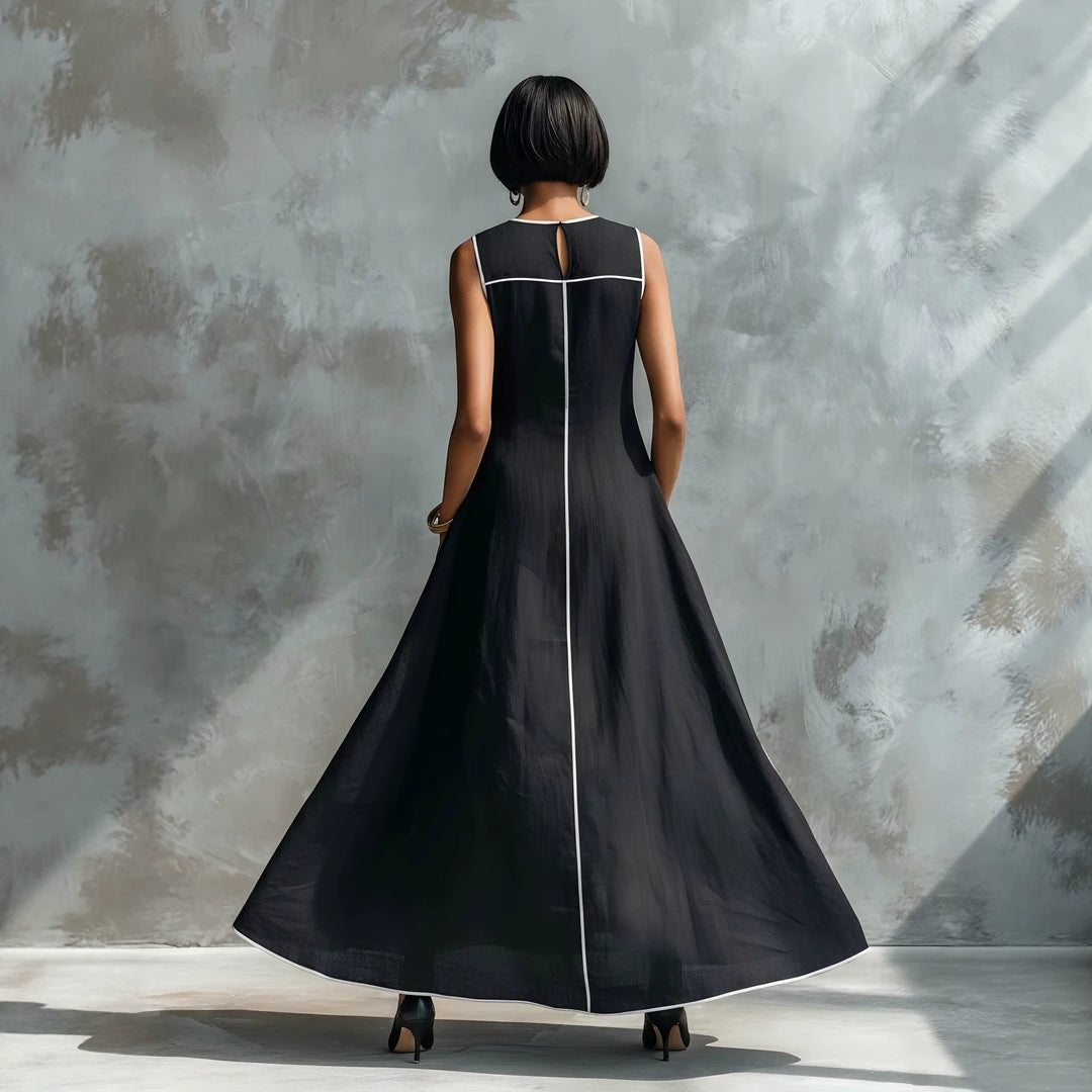 Veyla - Contrast Piping Linen-Blend Maxi Dress