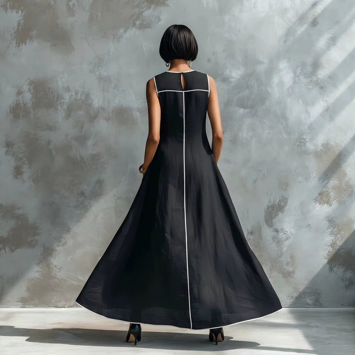 Veyla - Contrast Piping Linen-Blend Maxi Dress