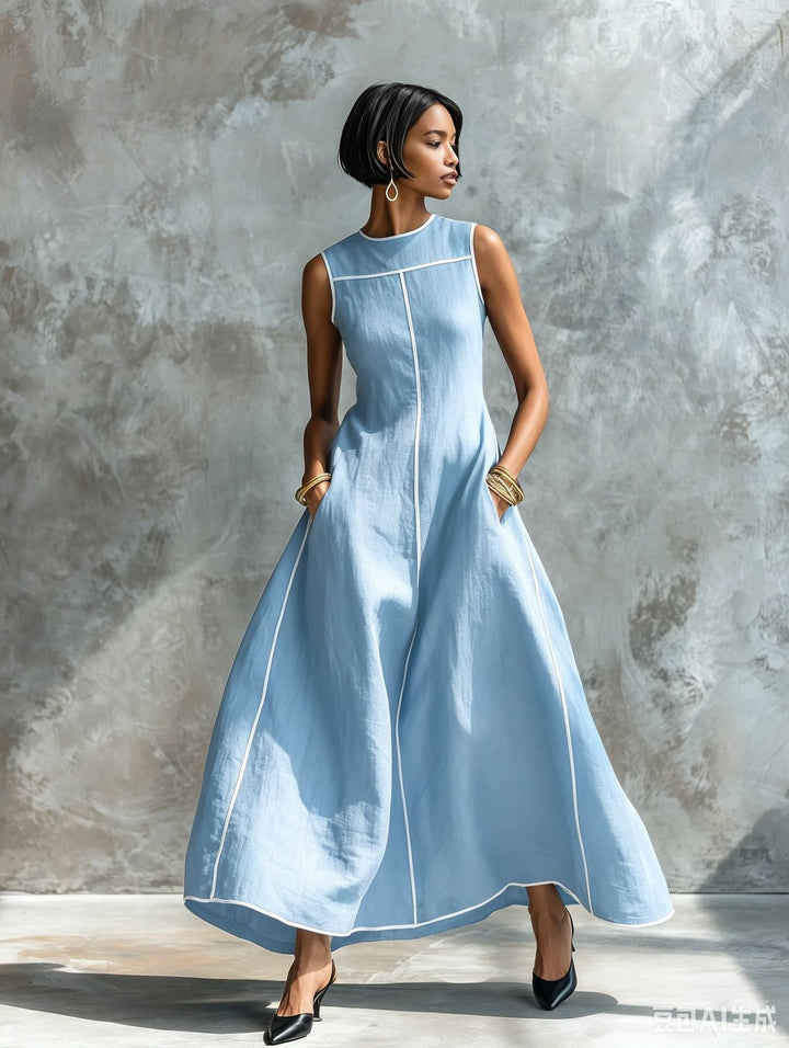 Veyla - Contrast Piping Linen-Blend Maxi Dress