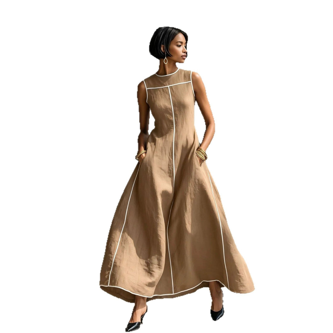 Veyla - Contrast Piping Linen-Blend Maxi Dress