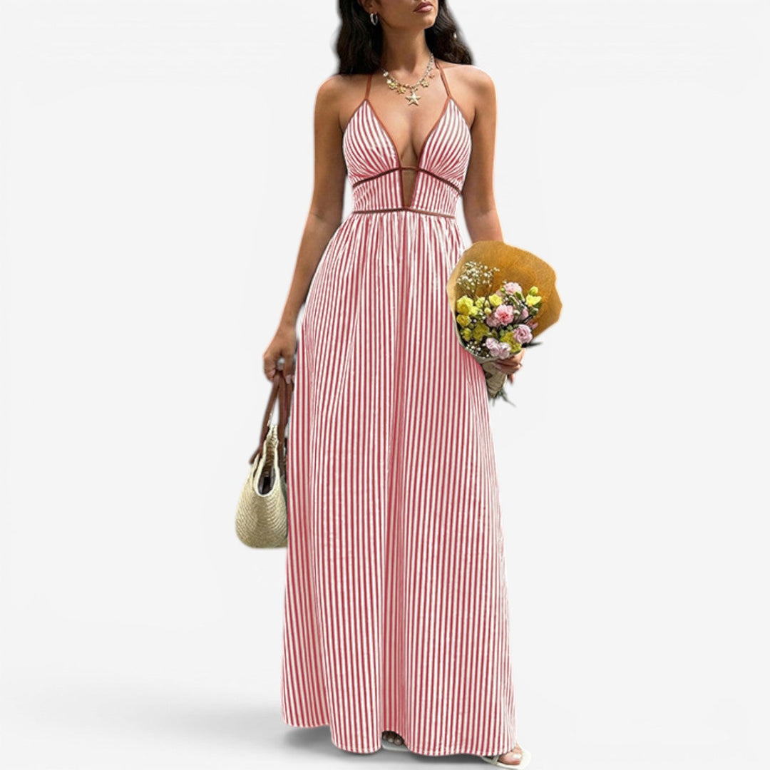 Arlise - Plunge Halter Vertical Stripe Maxi Dress