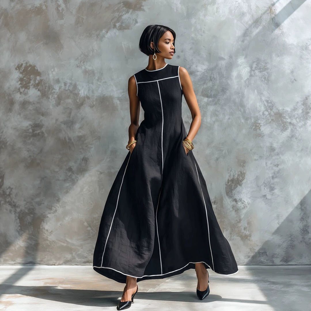 Veyla - Contrast Piping Linen-Blend Maxi Dress