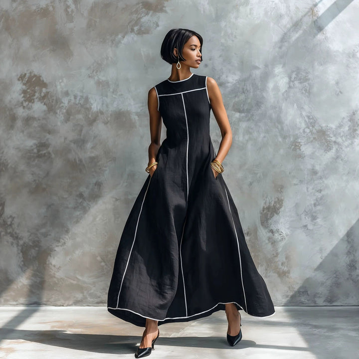 Veyla - Contrast Piping Linen-Blend Maxi Dress
