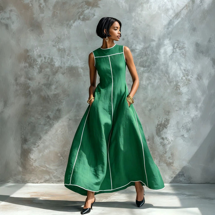 Veyla - Contrast Piping Linen-Blend Maxi Dress