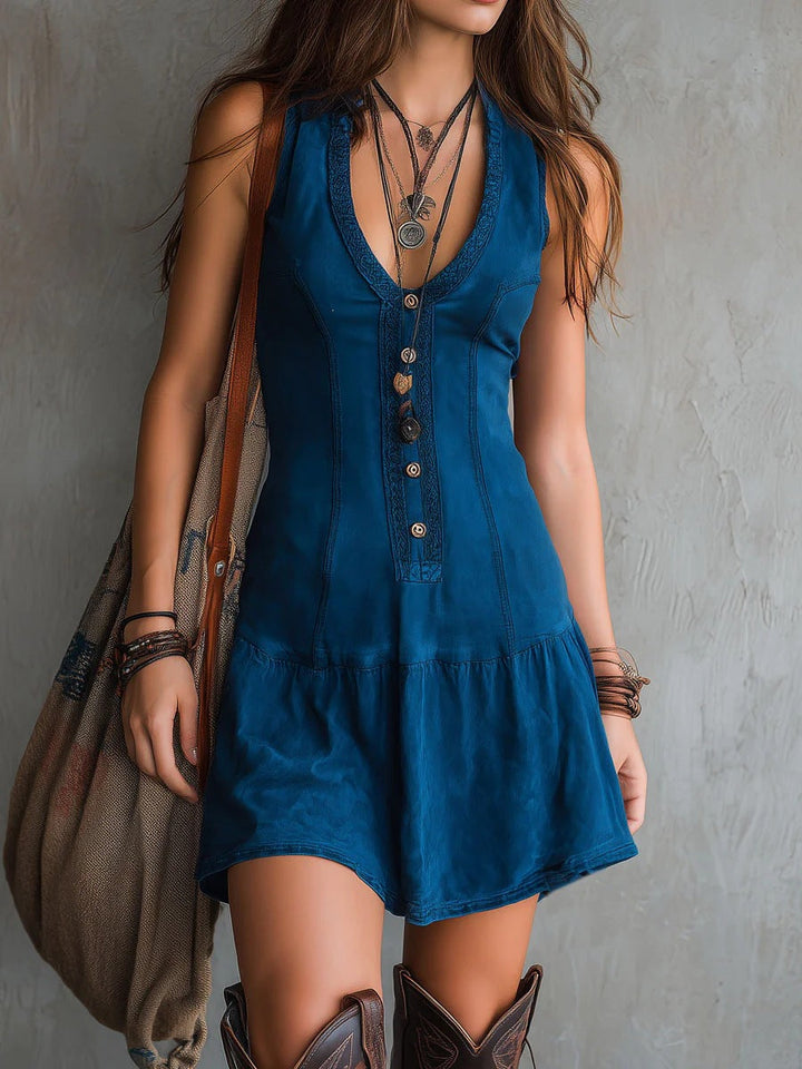 Avenna - Button-Front Washed Denim Mini Dress
