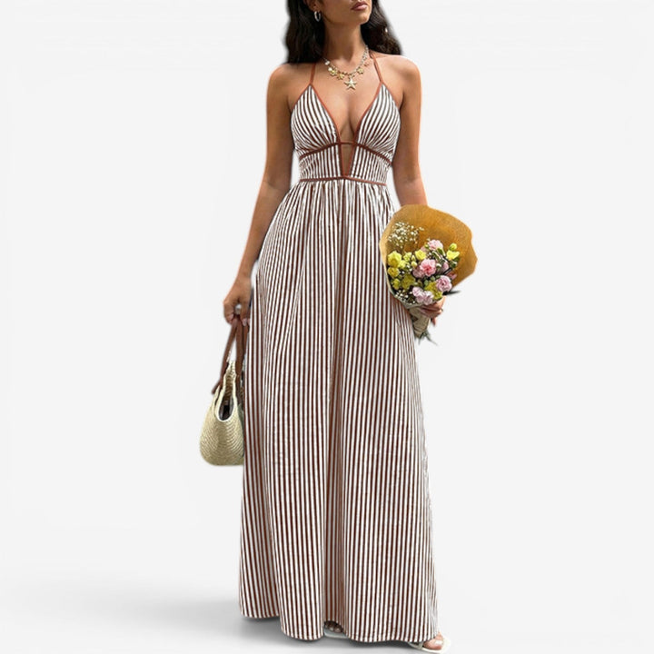Arlise - Plunge Halter Vertical Stripe Maxi Dress