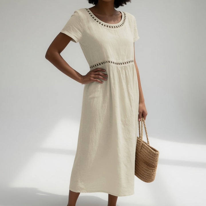 Orlise - Embroidered Neckline Cotton Dress