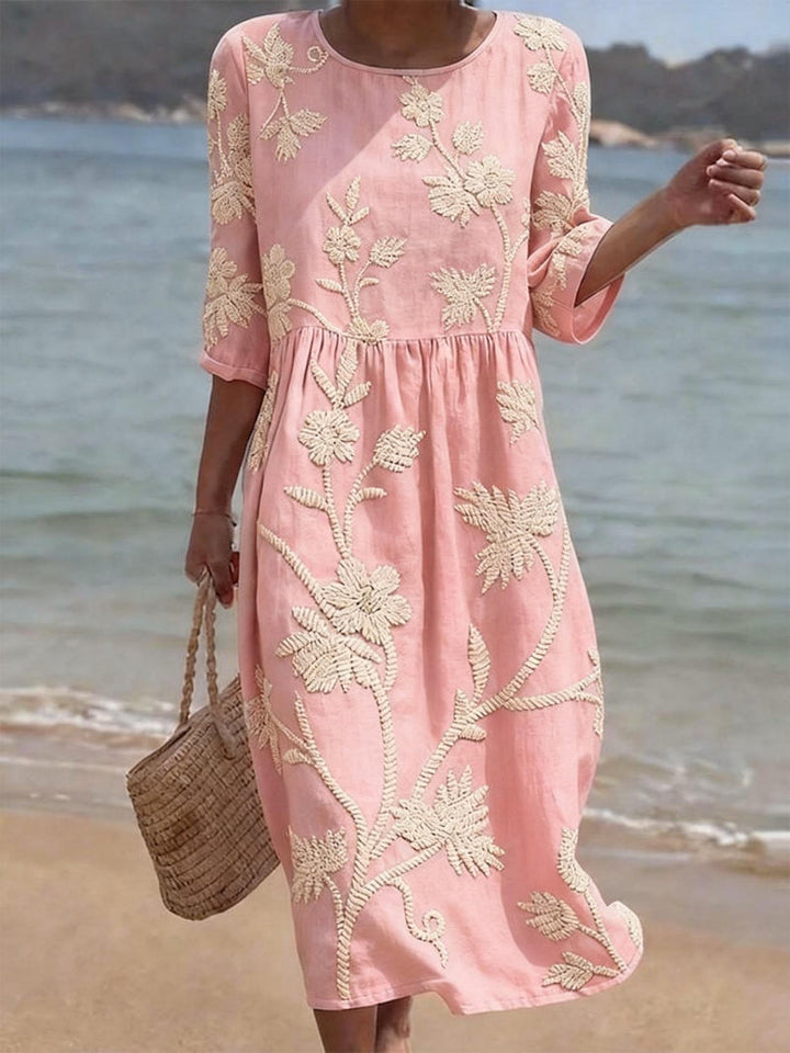 Navora - Embossed Floral Linen-Cotton Dress