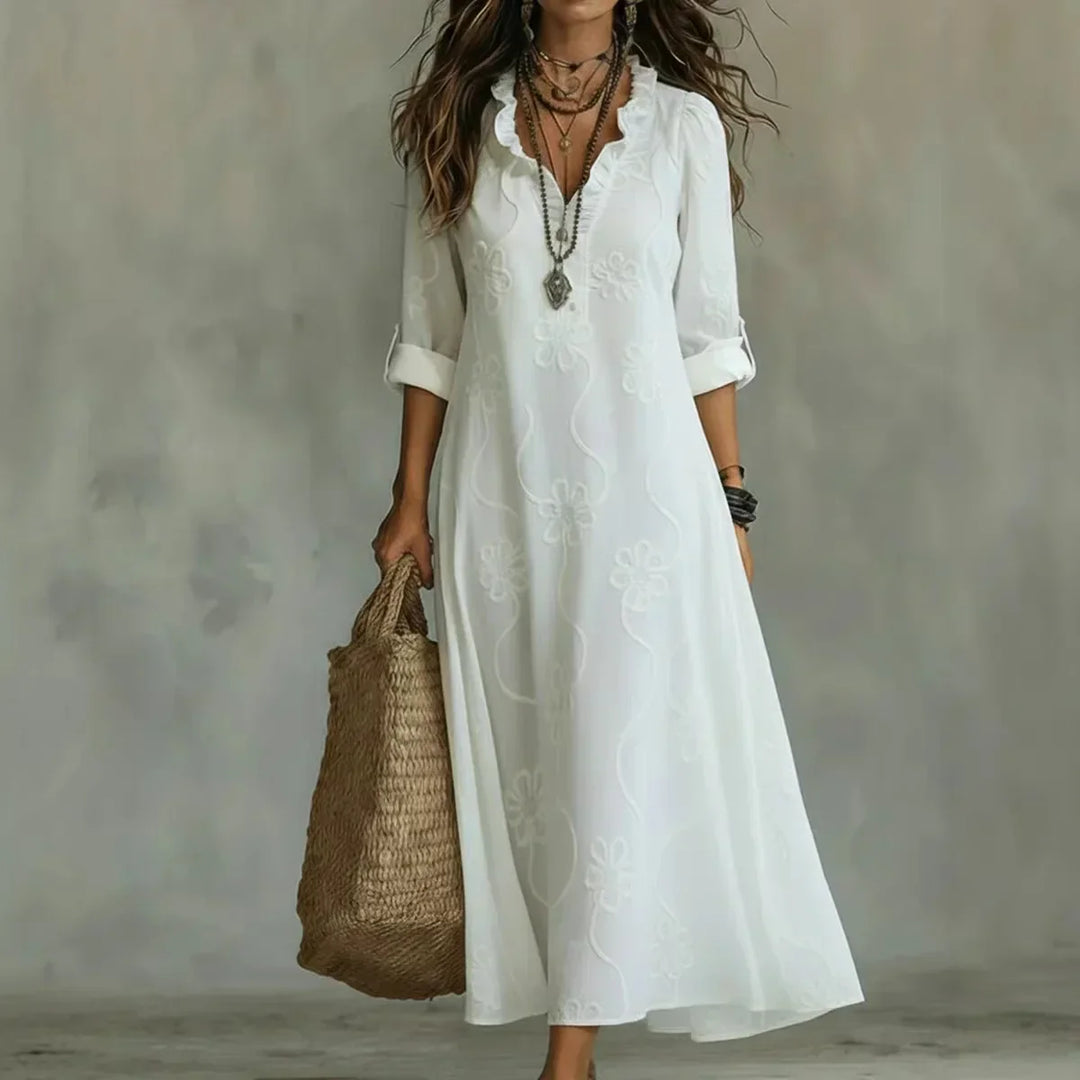 Talira - Roll-Tab Sleeve Floral Print Maxi Dress